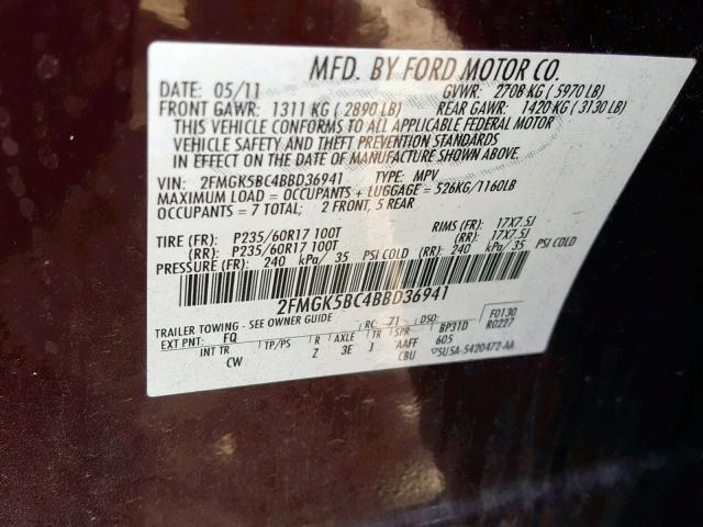 2FMGK5BC4BBD36941 - 2011 FORD FLEX SE MAROON photo 10