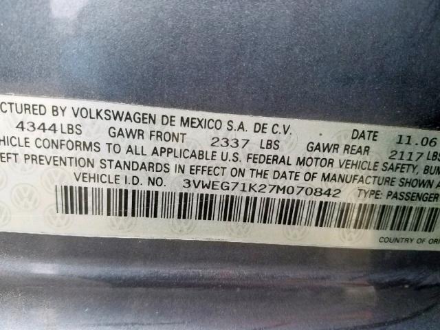 3VWEG71K27M070842 - 2007 VOLKSWAGEN JETTA WOLF GRAY photo 10