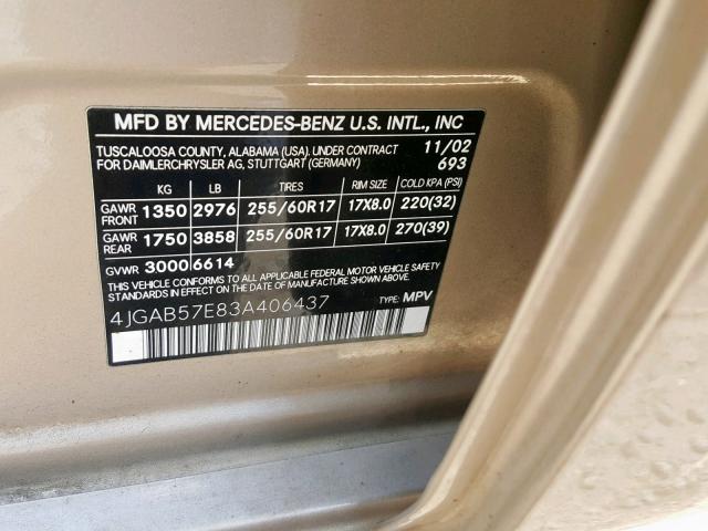 4JGAB57E83A406437 - 2003 MERCEDES-BENZ ML 350 GOLD photo 10