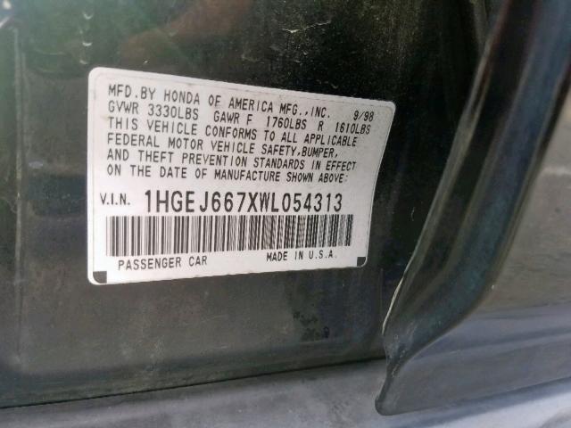 1HGEJ667XWL054313 - 1998 HONDA CIVIC LX BLACK photo 10