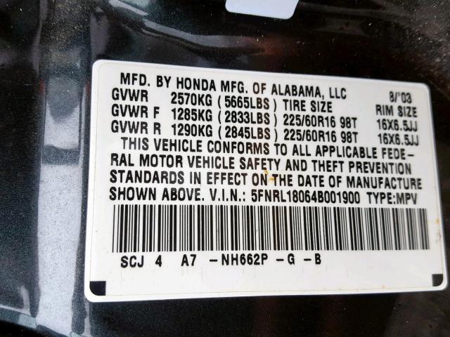 5FNRL18064B001900 - 2004 HONDA ODYSSEY EX GRAY photo 10