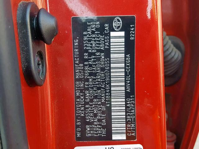 4T1BB46K19U076055 - 2009 TOYOTA CAMRY HYBR RED photo 10