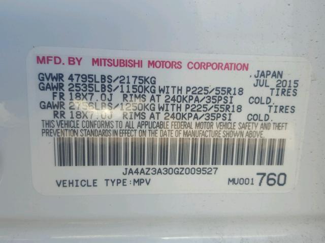 JA4AZ3A30GZ009527 - 2016 MITSUBISHI OUTLANDER WHITE photo 10