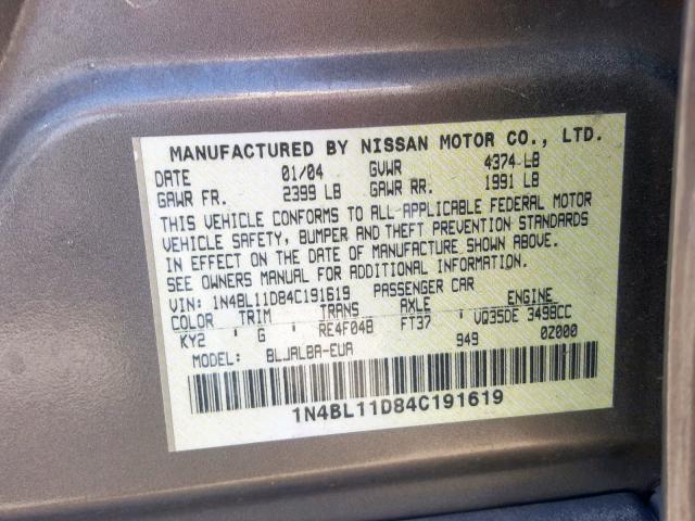 1N4BL11D84C191619 - 2004 NISSAN ALTIMA SE TAN photo 10