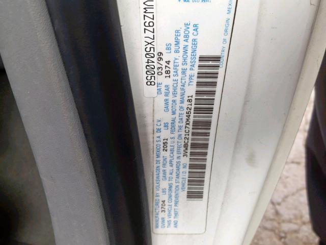 3VWBC21C7XM452181 - 1999 VOLKSWAGEN NEW BEETLE თეთრი ფოტო 10