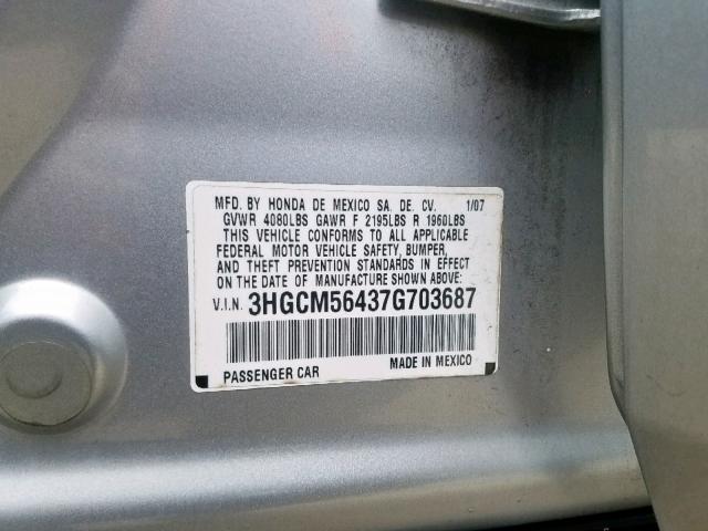 3HGCM56437G703687 - 2007 HONDA ACCORD LX SILVER photo 10