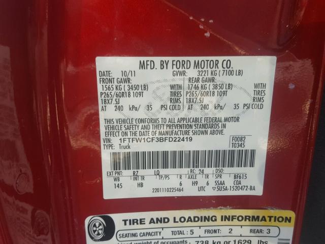 1FTFW1CF3BFD22419 - 2011 FORD F150 SUPER RED photo 10