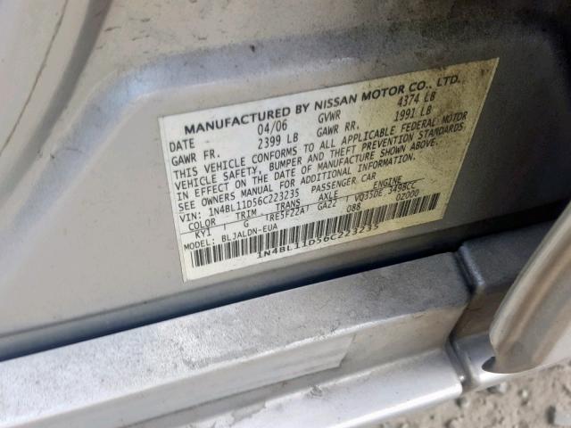 1N4BL11D56C223235 - 2006 NISSAN ALTIMA SE SILVER photo 10