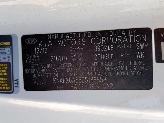 KNAFX6A88E5186858 - 2014 KIA FORTE EX WHITE photo 10