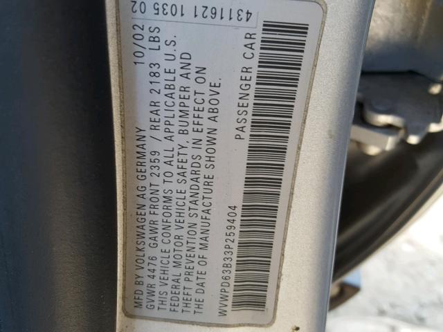 WVWPD63B33P259404 - 2003 VOLKSWAGEN PASSAT GLS SILVER photo 10