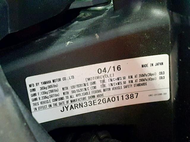 JYARN33E2GA011387 - 2016 YAMAHA FZ09 BLUE photo 10