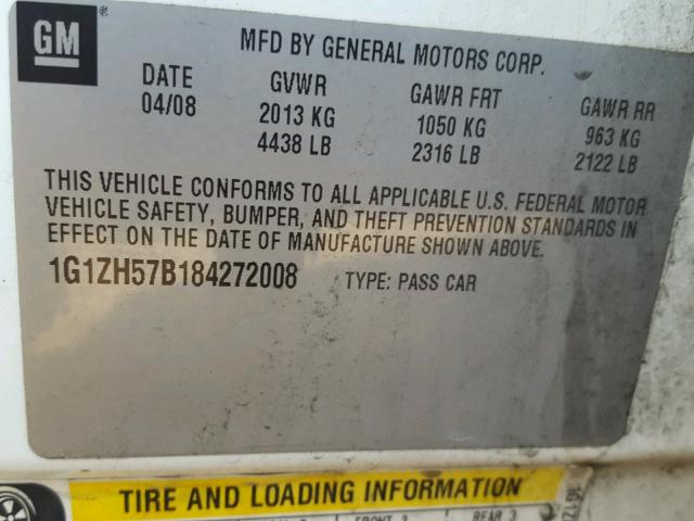 1G1ZH57B184272008 - 2008 CHEVROLET MALIBU 1LT WHITE photo 10