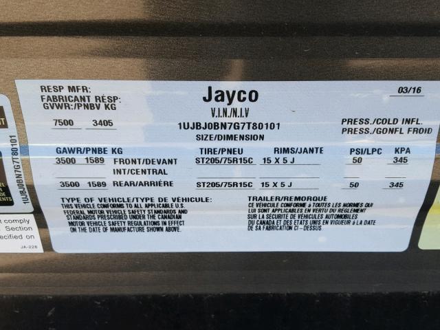 1UJBJ0BN7G7T80101 - 2016 JAYCO JAYFLIGHT  WHITE photo 10