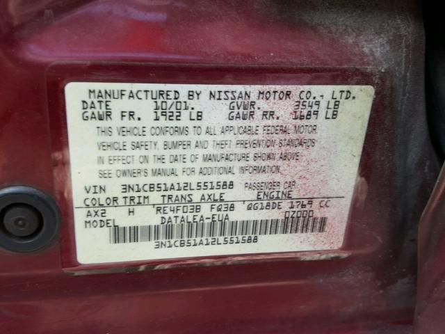 3N1CB51A12L551588 - 2002 NISSAN SENTRA GXE RED photo 10