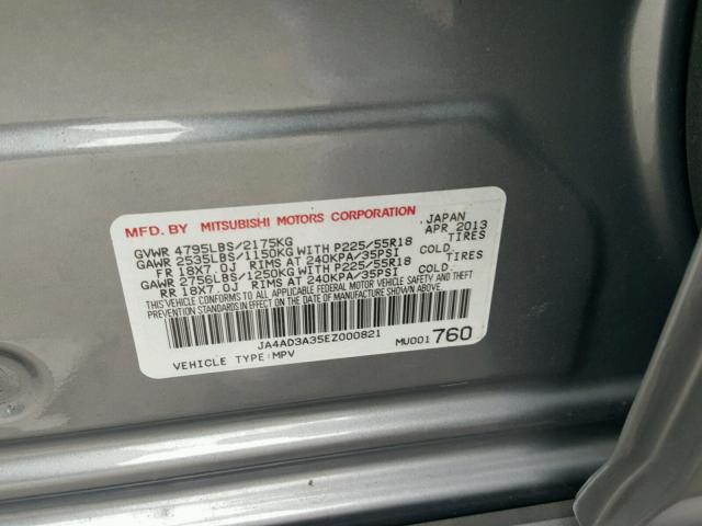 JA4AD3A35EZ000821 - 2014 MITSUBISHI OUTLANDER GRAY photo 10