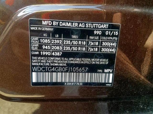 WDCTG4GB0FJ105657 - 2015 MERCEDES-BENZ GLA 250 4M BROWN photo 10