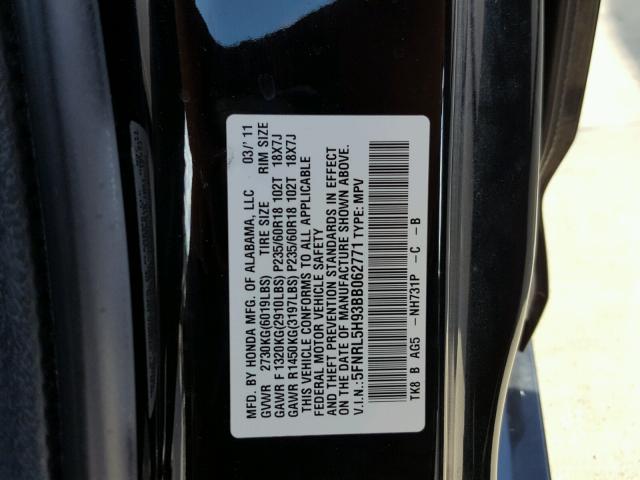 5FNRL5H93BB062771 - 2011 HONDA ODYSSEY TO BLACK photo 10