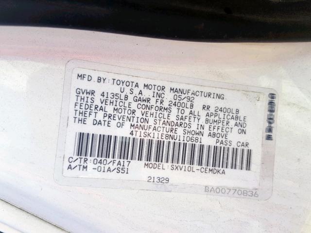 4T1SK11E8NU110681 - 1992 TOYOTA CAMRY DLX 白色 照片 10