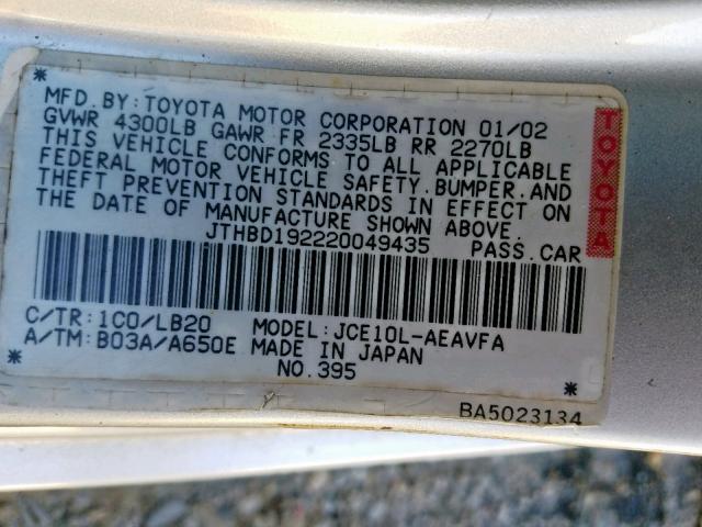 JTHBD192220049435 - 2002 LEXUS IS 300 SILVER photo 10