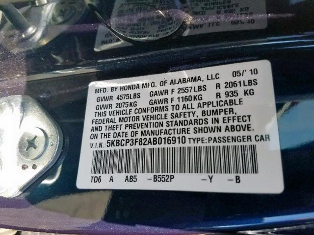 5KBCP3F82AB016910 - 2010 HONDA ACCORD EXL BLACK photo 10