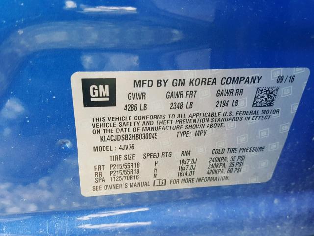 KL4CJDSB2HB030045 - 2017 BUICK ENCORE PRE BLUE photo 10