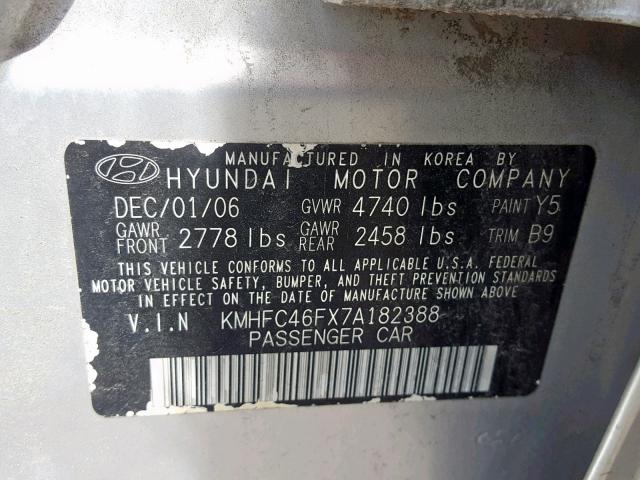 KMHFC46FX7A182388 - 2007 HYUNDAI AZERA SE SILVER photo 10