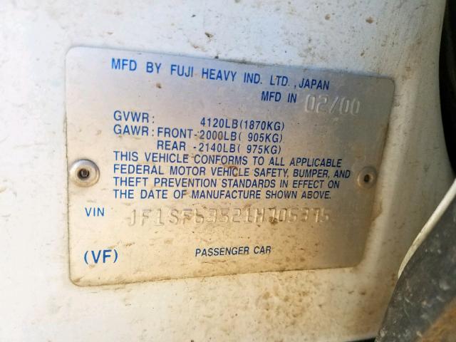 JF1SF63521H705375 - 2001 SUBARU FORESTER L WHITE photo 10