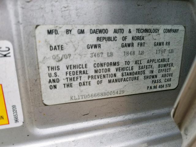 KL1TD56668B005429 - 2008 CHEVROLET AVEO BASE ვერცხლისფერი ფოტო 10