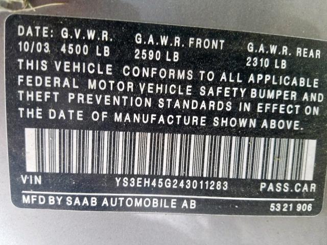 YS3EH45G243011283 - 2004 SAAB 9-5 AERO GRAY photo 10