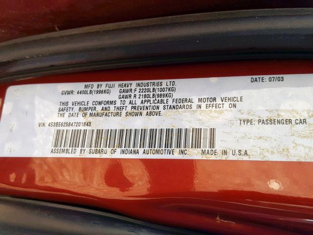 4S3BE625847201843 - 2004 SUBARU LEGACY L S ORANGE photo 10