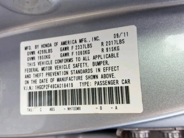 1HGCP2F46CA018419 - 2012 HONDA ACCORD LXP SILVER photo 10