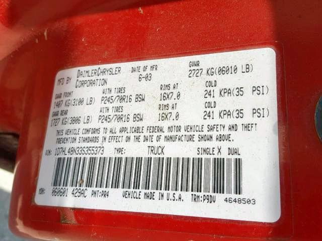 1D7HL48N33S355373 - 2003 DODGE DAKOTA QUA RED photo 10