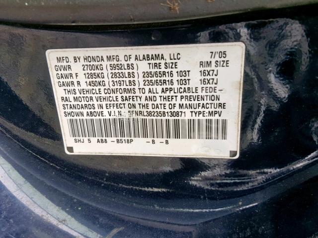 5FNRL38235B130871 - 2005 HONDA ODYSSEY LX BLUE photo 10