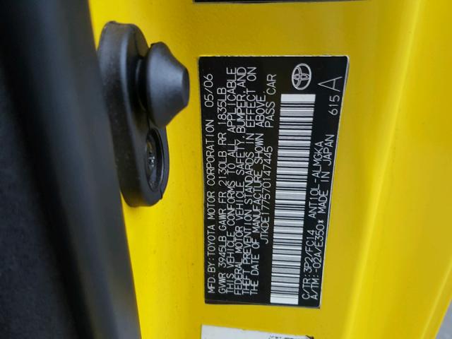 JTKDE177570147445 - 2007 TOYOTA SCION TC 黄色 照片 10