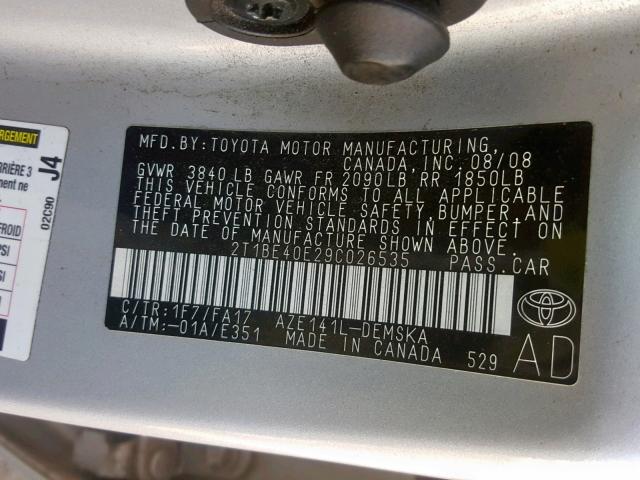 2T1BE40E29C026535 - 2009 TOYOTA COROLLA XR SILVER photo 10