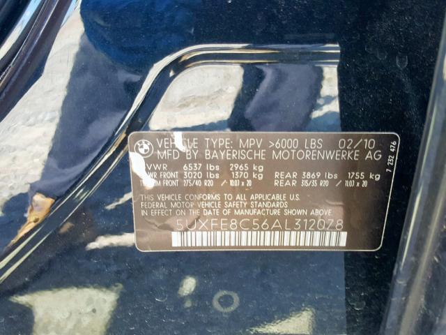 5UXFE8C56AL312078 - 2010 BMW X5 XDRIVE4 BLACK photo 10