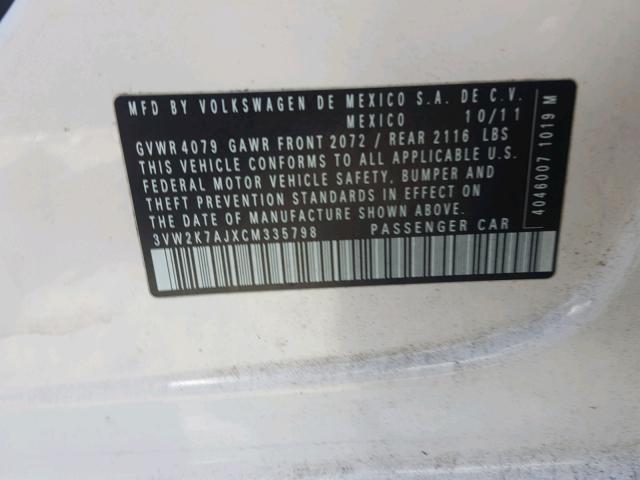 3VW2K7AJXCM335798 - 2012 VOLKSWAGEN JETTA BASE 白色 照片 10