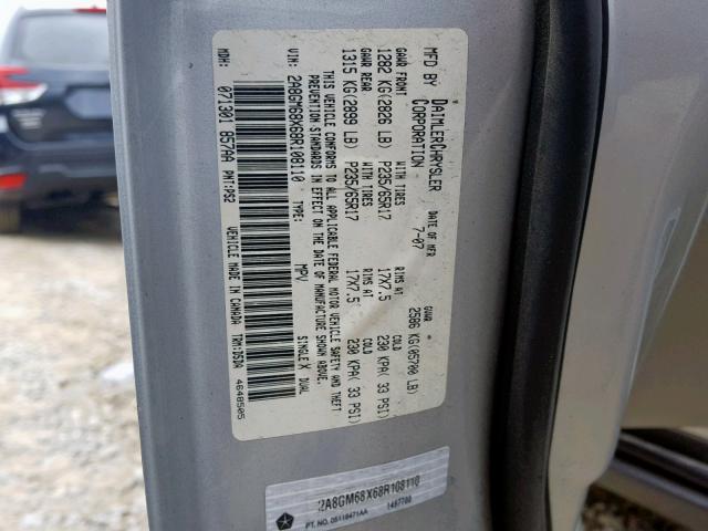 2A8GM68X68R108110 - 2008 CHRYSLER PACIFICA T SILVER photo 10