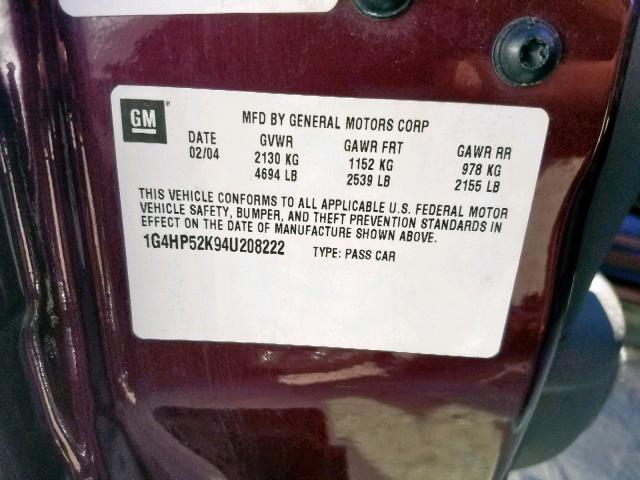 1G4HP52K94U208222 - 2004 BUICK LESABRE CU MAROON photo 10