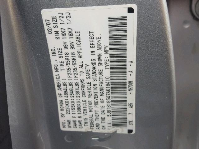 5J8TB18547A018410 - 2007 ACURA RDX TECHNO SILVER photo 10