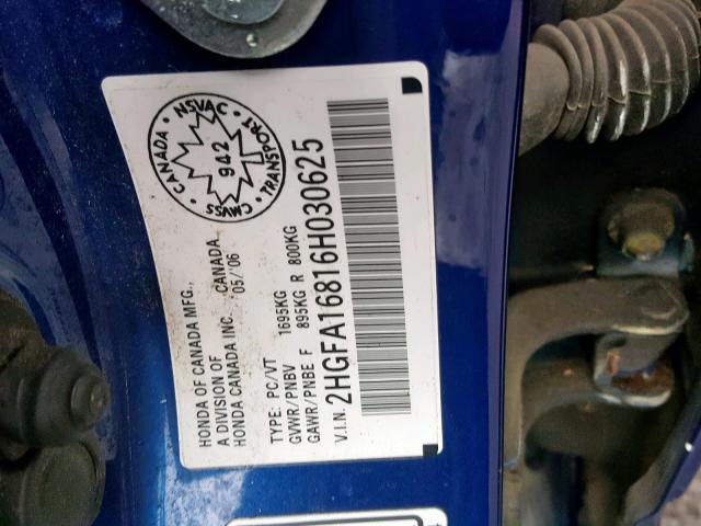 2HGFA16816H030625 - 2006 HONDA CIVIC EX BLUE photo 10