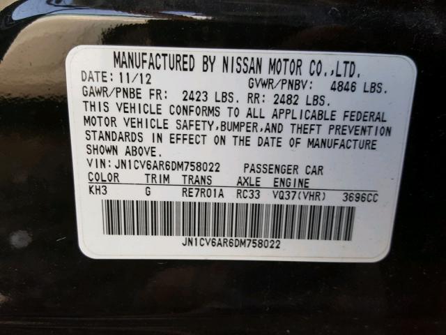 JN1CV6AR6DM758022 - 2013 INFINITI G37 BLACK photo 10