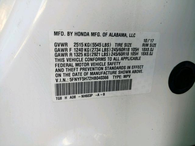 5FNYF5H72HB040366 - 2017 HONDA PILOT EXLN WHITE photo 10