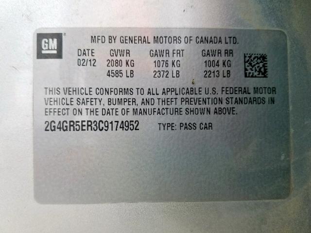 2G4GR5ER3C9174952 - 2012 BUICK REGAL SILVER photo 10