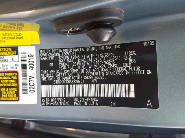 5TDKK4CC6AS329901 - 2010 TOYOTA SIENNA CE SILVER photo 10