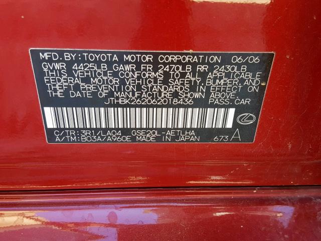 JTHBK262062018436 - 2006 LEXUS IS 250 RED photo 10