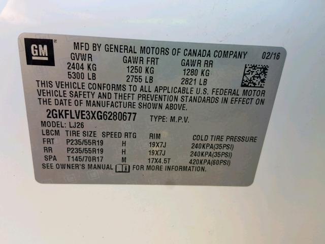 2GKFLVE3XG6280677 - 2016 GMC TERRAIN DE WHITE photo 10