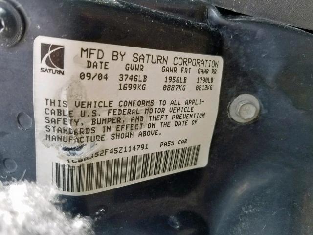 1G8AJ52F45Z114791 - 2005 SATURN ION LEVEL SILVER photo 10