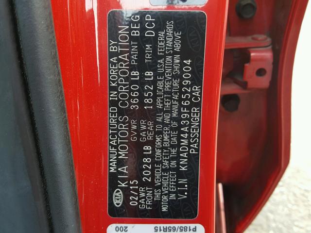 KNADM4A39F6529004 - 2015 KIA RIO LX RED photo 10