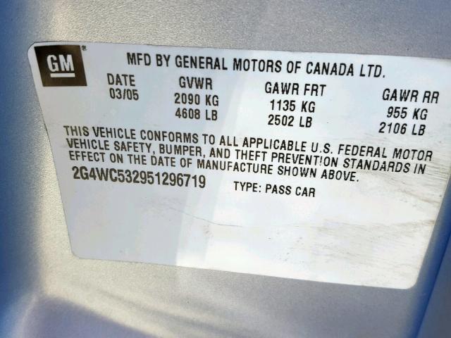 2G4WC532951296719 - 2005 BUICK LACROSSE C SILVER photo 10